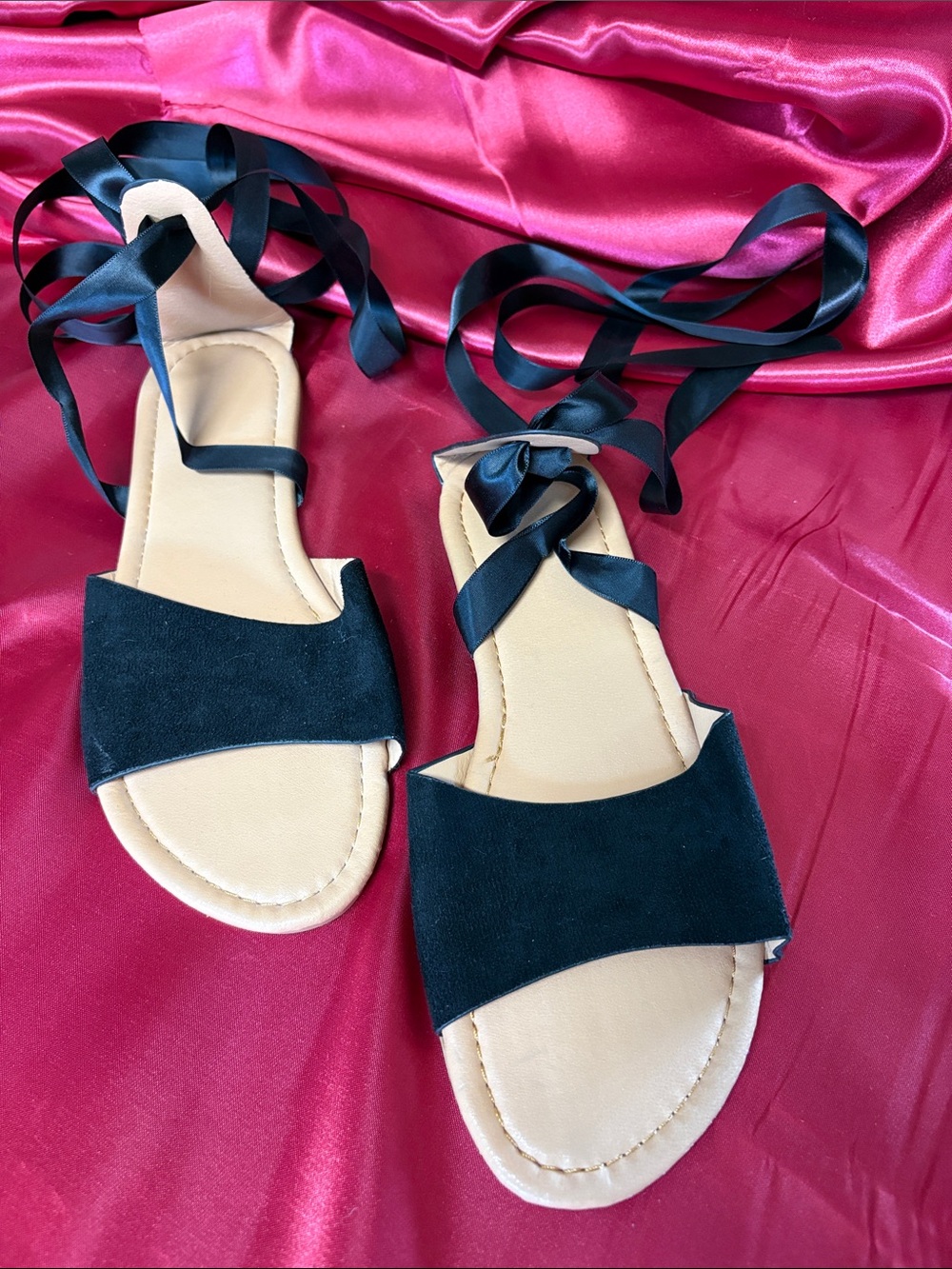 Women’s Black Suede Tie Ankle Sandals - Classic Lace-Up Flat